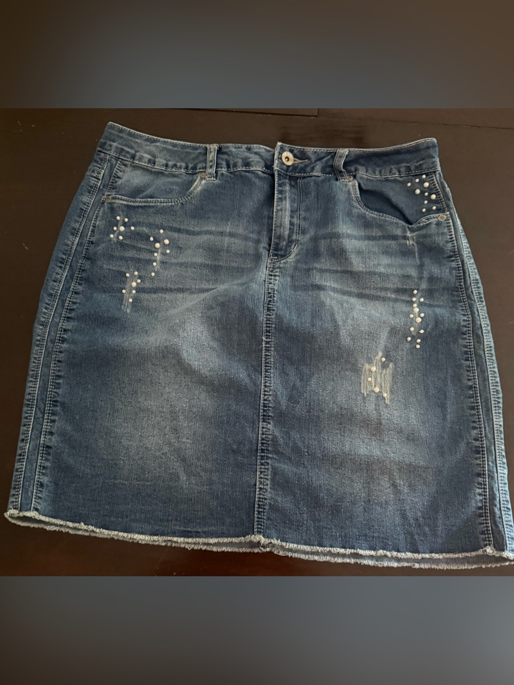 Cato Denim Mini Skirt with Pearl Detail - Blue